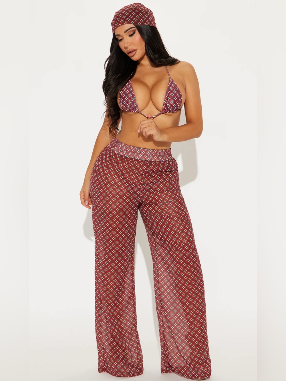 Fashion Nova Shailene Maroon Printed Bandeau & Wide-Leg Set